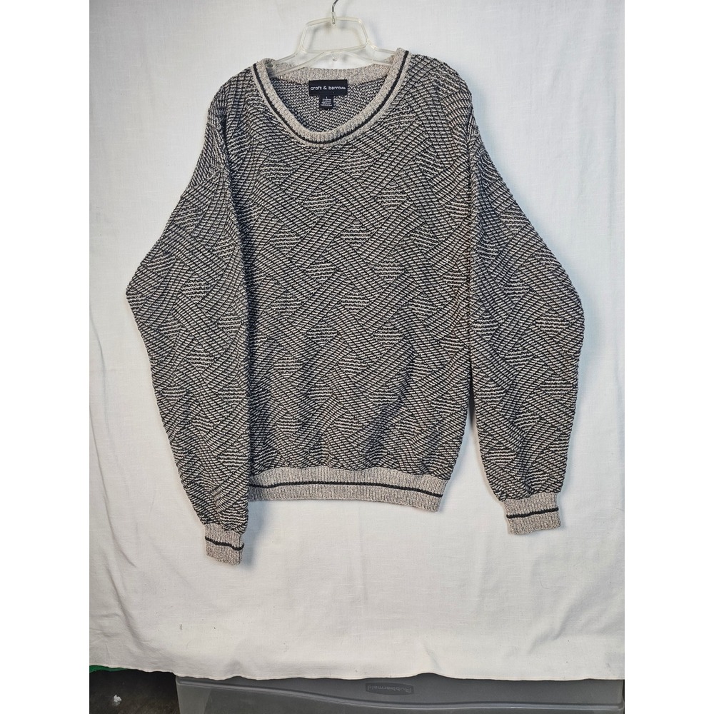 Craft & Barrow Mens Large Gray Black Geometric Textured Knit Crewneck Sweater